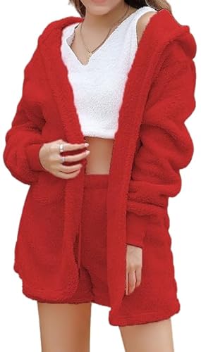 EEJBYTDI Shebella Pyjama-Set 3-teilig, Flauschiges Fleece-Pyjama-Set für Damen, warmes Winter-Pyjama-Set für Damen (Red,3X_l) von EEJBYTDI