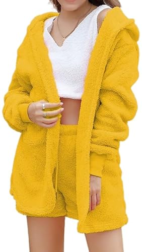 EEJBYTDI Shebella Pyjama-Set 3-teilig, Flauschiges Fleece-Pyjama-Set für Damen, warmes Winter-Pyjama-Set für Damen (Yellow,xx_l) von EEJBYTDI