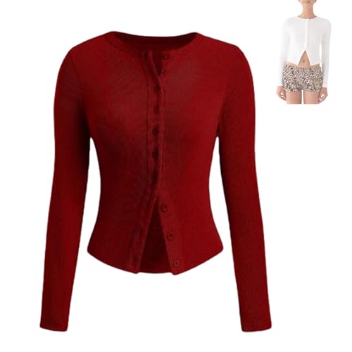 Evandal Gerippter, geknöpfter Langarm-Cardigan für Damen (M,Wine red) von EEJBYTDI