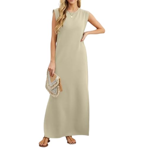 Lässiges, lockeres, langes Sommerkleid für Damen, Zeltkleid, Rundhalsausschnitt, ärmelloses, geschlitztes Kleid mit Tasche (Medium,Beige) von EEJBYTDI