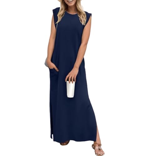 Lässiges, lockeres, langes Sommerkleid für Damen, Zeltkleid, Rundhalsausschnitt, ärmelloses, geschlitztes Kleid mit Tasche (Small,Navy) von EEJBYTDI