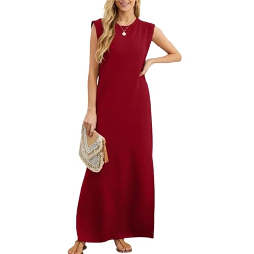 Lässiges, lockeres, langes Sommerkleid für Damen, Zeltkleid, Rundhalsausschnitt, ärmelloses, geschlitztes Kleid mit Tasche (X-Large,Red) von EEJBYTDI