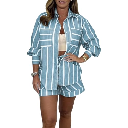 Lässiges gestreiftes 2-teiliges Sommerset für Damen, Button-Down-Hemd + gestreifte Shorts, gestreifter Shorts-Anzug mit Tasche (Large,Blue) von EEJBYTDI