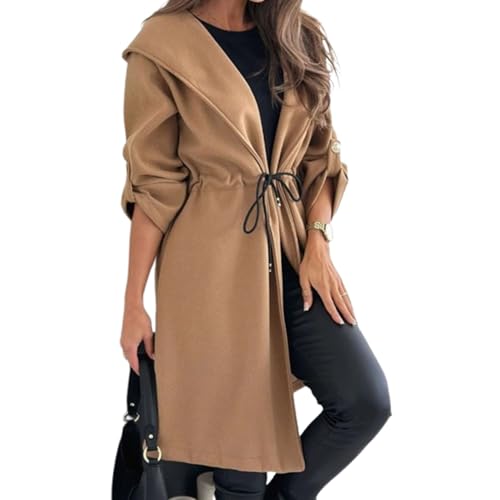 Lange Kapuzenjacke mit Bindeband an der Taille für Damen, Reverskragen, vorne offen, mittellanger Wollmantel (Small,Camel) von EEJBYTDI