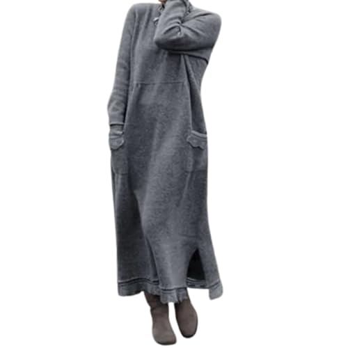 Maxikleid mit Rundhalsausschnitt und einfarbiger Spitze für Damen, Winter 2024, Maxikleid mit Rundhalsausschnitt und einfarbiger Spitze für Damen in Übergröße (Large,Gray) von EEJBYTDI