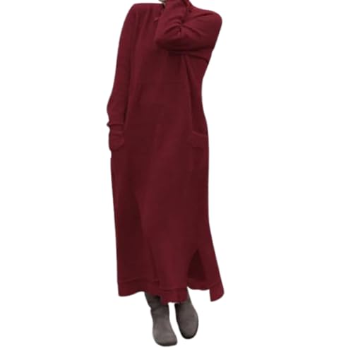 Maxikleid mit Rundhalsausschnitt und einfarbiger Spitze für Damen, Winter 2024, Maxikleid mit Rundhalsausschnitt und einfarbiger Spitze für Damen in Übergröße (Medium,red) von EEJBYTDI