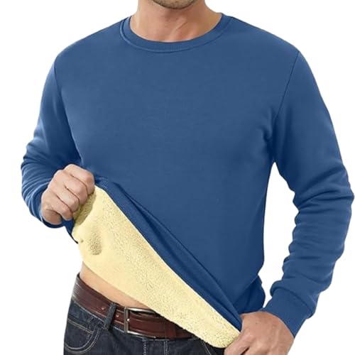 Mit Fleece gefütterte Pullover mit Rundhalsausschnitt für Herren, warme Basic-Oberteile für den Winter, Dicke Thermo-Baumwollhemden mit Schwerer Qualität (3X-Large,Blue) von EEJBYTDI