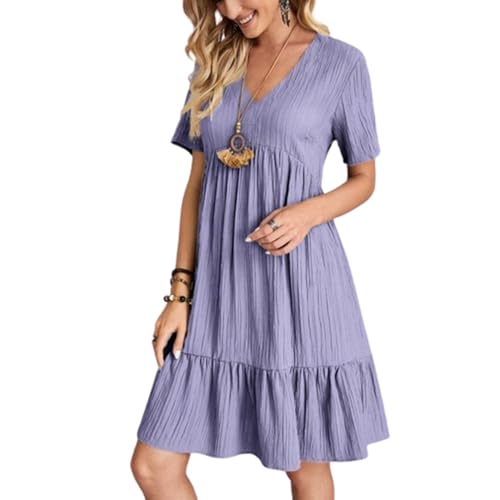 Retro-V-Ausschnitt-Kleidung für Damen, Plissiertes, gestuftes A-Linien-Midikleid, lässige Mode, Kurze Ärmel (Small,Purple) von EEJBYTDI