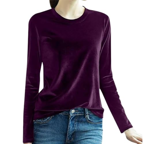 Samtoberteile für Damen, langärmeliges Rundhalsshirt, lässiges T-Shirt aus Velours, einfarbige Samtoberteile (X-Large,Dark Purple) von EEJBYTDI