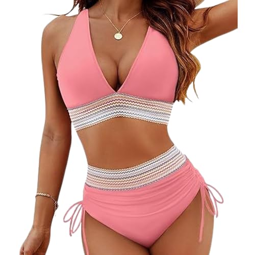 V-Ausschnitt-Patchwork-Bikini, 2-teiliges Set, Zweiteiliger Badeanzug mit Kordelzug 2024, 2024 V-Ausschnitt-Bikini-Set (Medium,pink) von EEJBYTDI