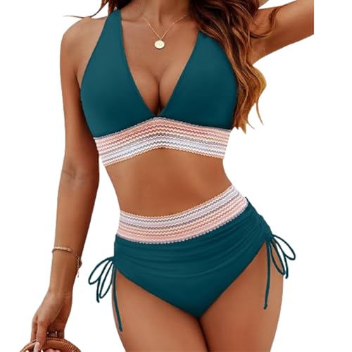 V-Ausschnitt-Patchwork-Bikini, 2-teiliges Set, Zweiteiliger Badeanzug mit Kordelzug 2024, 2024 V-Ausschnitt-Bikini-Set (Small,Green) von EEJBYTDI