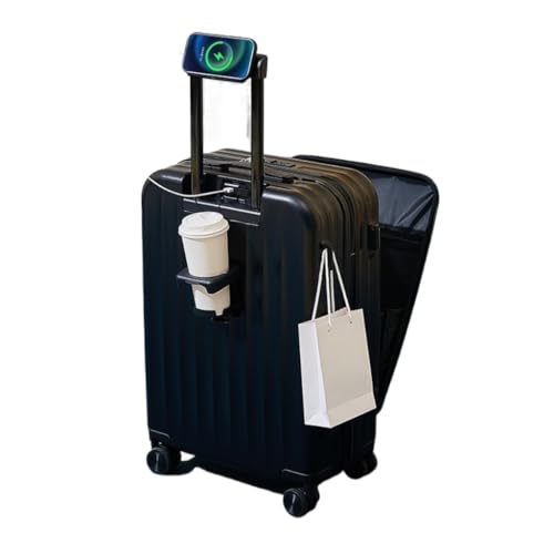 EETYREBR Koffer Vorne Öffnender 20-Zoll-Handgepäckkoffer, USB-Ladekoffer, Universal-Rollen-Trolley, Unisex-Koffer Handgepäck(Black,20in) von EETYREBR