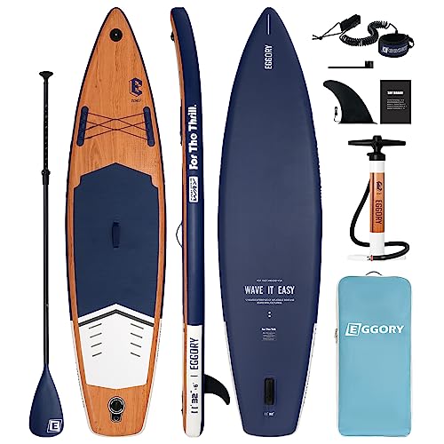 Aufblasbares Stand Up Paddle Board Paddling BOAD Premium SUP Board Set 335cm Mit Komplettes Zubehör incl. Fußleine, Pumpe, Paddel, Tasche Surfboard für Anfänger & Fortgeschrittene (Hölzerne Muster) von EGGORY