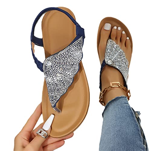 EGSDMNVSQ Flache Sandalen Damen Flip Flops Sommerschuhe Boho Strasssteine Glitzer T-Riemen Strandsandalen Bequeme Zehentrenner mit Weiche Fußbett Mode Strand Offene Zehe Elegant Sommerschuhe von EGSDMNVSQ