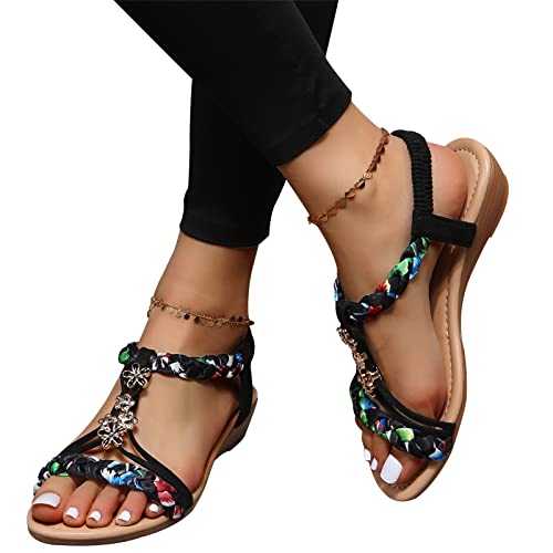 EGSDMNVSQ Flache Sandalen Elegant Damen Sommerschuhe Boho T-Riemen Frauen Sandalen Weichen Sohlen Sommerschuhe Gummiband Slingback Zehentrenner Sandalen Mädchen Strandschuhe von EGSDMNVSQ