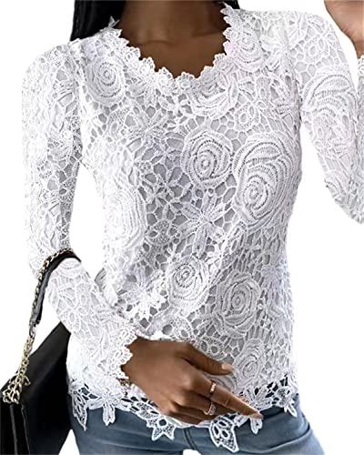 EGSDMNVSQ Spitzenbluse Damen Elegant Spitzentop Rundhals Langarmshirt Oberteil Blumenspitze Einfarbig Tunika Tops EGSDMNVSQ Spitzenbluse Damen Elegant Spitzentop Rundhals Langarmshirt Oberteil Blumenspitze Einfarbig Tunika Tops von EGSDMNVSQ