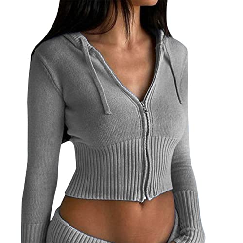 EGSDMNVSQ Strickanzug Damen Y2K Kapuzenpullover Sexy Kurze Strick Sweatshirt Langarm Jogginganzug mit Reißverschluss Crop Hoodie Zweiteilige Trainingsanzug Sport Set Elegant Slim Casual von EGSDMNVSQ