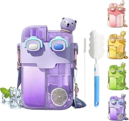 EHOTER Kawaii Trinkflasche Kinder Dual Use Süße 780ml Wasserflaschen mit Strohhalm Bürste Aufkleber Verstellbarer Riemen Sichere BPA Frei Auslaufsiche Mädchen Sportflasche für Schule Reisen (Violett) von EHOTER