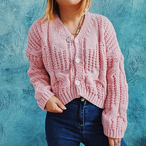 Cardigan Damen,Grob Gestrickte Strickjacke Damen Kurz Mode Hohl Einfarbig Rosa Zopfmuster Jacquard V-Ausschnitt Knopf Langarm Vorne Offen Pullover Strickjacke Herbst Strick Oberbekleidung Jacke Mant von EIBA