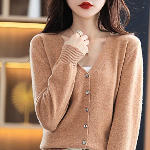 EIBA Strickjacke Damen,Damen Strickjacken Lässig Kurz Einfarbig V-Ausschnitt Knopf Vorne Offen Pullover Strickjacke Herbst Winter Klassisch Basic Langarm Strick Oberbekleidung Mantel,Camel,L von EIBA