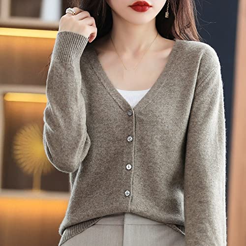 EIBA Strickjacke Damen,Damen Strickjacken Lässig Kurz Einfarbig V-Ausschnitt Knopf Vorne Offen Pullover Strickjacke Herbst Winter Klassisch Basic Langarm Strick Oberbekleidung Mantel,Taupe,L von EIBA