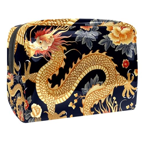 Kosmetiktaschen Für Frauen Golden Dragon Blossom Blumen Schminkkoffer Reisetasche Kosmetiktasche Organizer 18.5x7.5x13cm von EJFICAHG