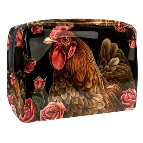 Kosmetiktaschen Für Frauen Huhn Tier Rosen Blüte Blumen Schminkkoffer Reisetasche Kosmetiktasche Organizer 18.5x7.5x13cm von EJFICAHG