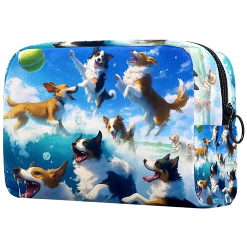 Kosmetiktaschen Für Frauen Hunde Spielen Ball Seaside Waves Schminkkoffer Reisetasche Kosmetiktasche Organizer von EJFICAHG