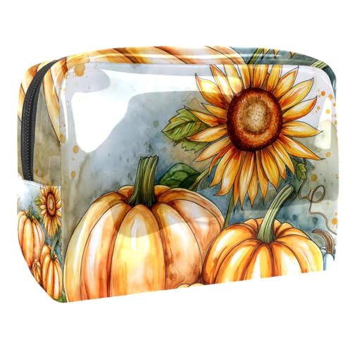 Kosmetiktaschen Für Frauen Kürbisse Und Sonnenblumen Herbst Schminkkoffer Reisetasche Kosmetiktasche Organizer 18.5x7.5x13cm von EJFICAHG