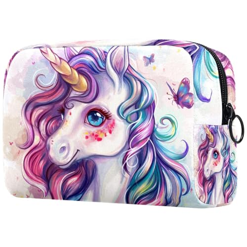 Kosmetiktaschen Für Frauen Niedliches Einhorn Regenbogenhaar Mit Schmetterling Schminkkoffer Reisetasche Kosmetiktasche Organizer von EJFICAHG