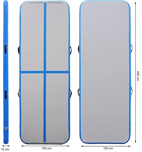 Airtrack/Tumbling/Gymnastik Matte Turnmatte in Blau, aufblasbar, rutschfest, wasserfest, stoßdämpfend, Länge: 4m, Breite: 1m, Höhe: 10cm, inkl. elektr. Pumpe/Tasche/Reperaturset (4m x 1m x 10cm, Blau) von ELLUG