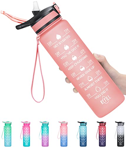 ELYPHINE Trinkflasche 1L, Sport Trinkflasche mit Strohhalm BPA-frei motivierende Wasserflasche mit Zeitmarkierung auslaufsicherer Tritan-Wasserkrug für Gym, Outdoor Sport von ELYPHINE