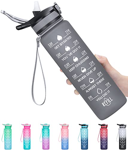 ELYPHINE Trinkflasche 1L, Sport Trinkflasche mit Strohhalm BPA-frei motivierende Wasserflasche mit Zeitmarkierung auslaufsicherer Tritan-Wasserkrug für Gym, Outdoor Sport von ELYPHINE