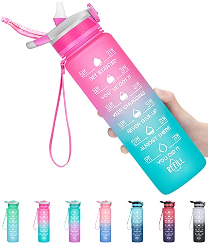 ELYPHINE Trinkflasche 1L, Sport Trinkflasche mit Strohhalm BPA-frei motivierende Wasserflasche mit Zeitmarkierung auslaufsicherer Tritan-Wasserkrug für Gym, Outdoor Sport von ELYPHINE