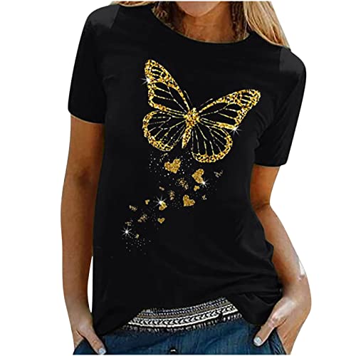 EMATOP Bluse Damen Casual T-Shirt Sommer Lose Oberteile Rundhals Basic Kurzarm Tops mit Gold Schmetterling Druck Longshirt Elegante Baumwolle Tunika Tee Tshirts Weich Bequem Sommershirts EMATOP Bluse Damen Casual T-Shirt Sommer Lose Oberteile Rundhals Basic Kurzarm Tops mit Gold Schmetterling Druck Longshirt Elegante Baumwolle Tunika Tee Tshirts Weich Bequem Sommershirts von EMATOP
