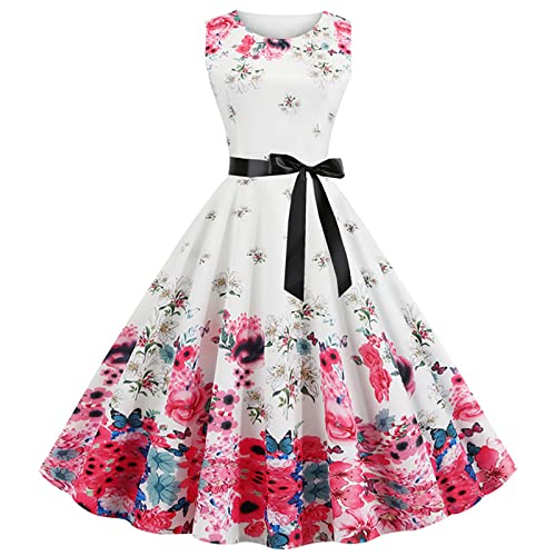 EMATOP Cocktailkleid Damen 50er Jahre Rockabilly Kleid Vintage Ärmellos Abendkleid Retro Swing A Linie Faltenrock Knielang Sommerkleid Elegant Hohe Taille Ballkleid Blumen Druck Strandkleid von EMATOP