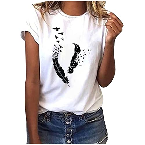 EMATOP Bluse Damen Elegant Sommer Tshirt Baumwolle Casual Oberteile Lose Rundhals Longshirt Feder Druck Sommershirts Weich Bequem Kurzarm Tee Tops Lässig Mode Tunika Streetwear für Frauen EMATOP Bluse Damen Elegant Sommer Tshirt Baumwolle Casual Oberteile Lose Rundhals Longshirt Feder Druck Sommershirts Weich Bequem Kurzarm Tee Tops Lässig Mode Tunika Streetwear für Frauen von EMATOP