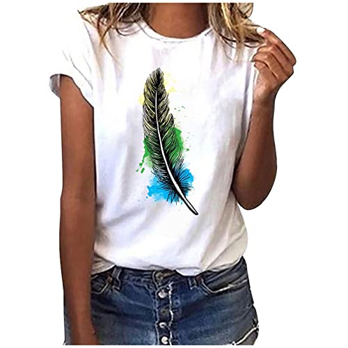 EMATOP Bluse Damen Elegant Sommer Tshirt Baumwolle Casual Oberteile Lose Rundhals Longshirt Feder Druck Sommershirts Weich Bequem Kurzarm Tee Tops Lässig Mode Tunika Streetwear für Frauen von EMATOP