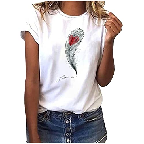 EMATOP Bluse Damen Elegant Sommer Tshirt Baumwolle Casual Oberteile Lose Rundhals Longshirt Feder Druck Sommershirts Weich Bequem Kurzarm Tee Tops Lässig Mode Tunika Streetwear für Frauen von EMATOP