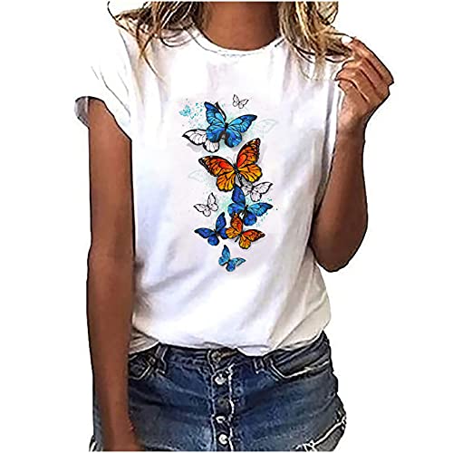 EMATOP Bluse Damen Tshirt Sommer Kurzarm Shirts Casual Locker Tunika Tops Rundhals Basic Oberteile Baumwolle Elegant Longshirt Schmetterling Muster Sommershirts Frauen Sportshirt Laufshirt von EMATOP