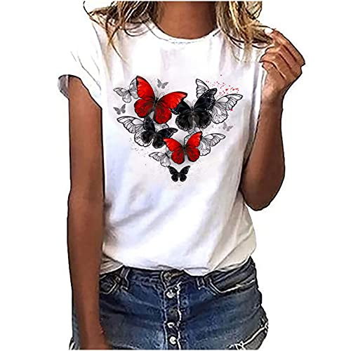 EMATOP Bluse Damen Tshirt Sommer Kurzarm Shirts Casual Locker Tunika Tops Rundhals Basic Oberteile Baumwolle Elegant Longshirt Schmetterling Muster Sommershirts Frauen Sportshirt Laufshirt von EMATOP