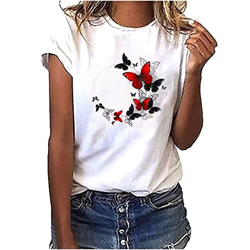 EMATOP Bluse Damen Tshirt Sommer Kurzarm Shirts Casual Locker Tunika Tops Rundhals Basic Oberteile Baumwolle Elegant Longshirt Schmetterling Muster Sommershirts Frauen Sportshirt Laufshirt von EMATOP