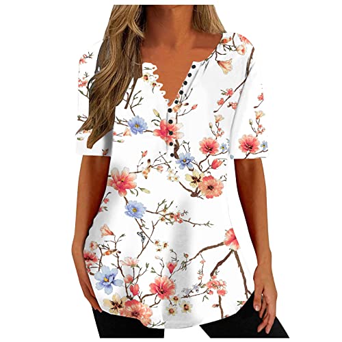 EMATOP Blusen & Tuniken für Damen Sommer V-Ausschnitt Tshirt Elegant Plissiert Tunika Longshirt Lässiges Lose Sommershirts Schön Blumen Druck Oberteile Vintage Kurzarm Tops Knopfleiste Longbluse EMATOP Blusen & Tuniken für Damen Sommer V-Ausschnitt Tshirt Elegant Plissiert Tunika Longshirt Lässiges Lose Sommershirts Schön Blumen Druck Oberteile Vintage Kurzarm Tops Knopfleiste Longbluse von EMATOP