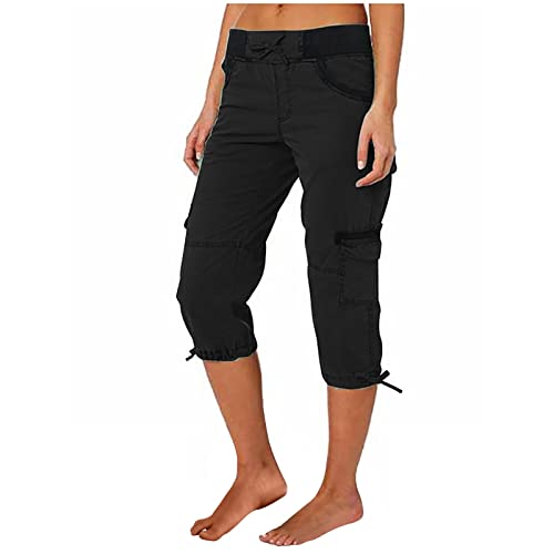 EMATOP Cargohose Damen 3/4 Lange Hosen Regular Fit Einfarbig Sporthose Lässiges Baggy Caprihose Vintage Jogginghose Hohe Taille Elegant Sweathose Shorts mit Taschen Arbeitshose Kurze Yogahose von EMATOP