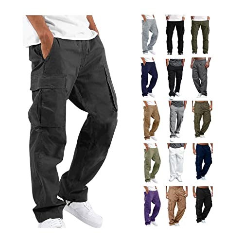 EMATOP Cargohose Herren Regular Fit Chino Hose Baumwolle Lang Rangerhose Casual Loose Sporthose mit Taschen Freizeithose Elastische Taille Wanderhose Einfarbig Weich Outdoorhose für Männer von EMATOP