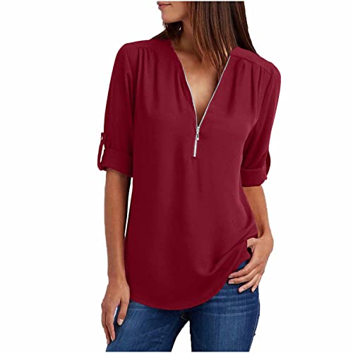 EMATOP Chiffon Blusen Damen Sommer Elegant Tshirt Lässig Lose Tunika Longshirt V-Ausschnitt Reißverschluss Oberteile Locker Einfarbig Kurzarm Sommershirt Teenager Mädchen Longbluse Sportshirt EMATOP Chiffon Blusen Damen Sommer Elegant Tshirt Lässig Lose Tunika Longshirt V-Ausschnitt Reißverschluss Oberteile Locker Einfarbig Kurzarm Sommershirt Teenager Mädchen Longbluse Sportshirt von EMATOP
