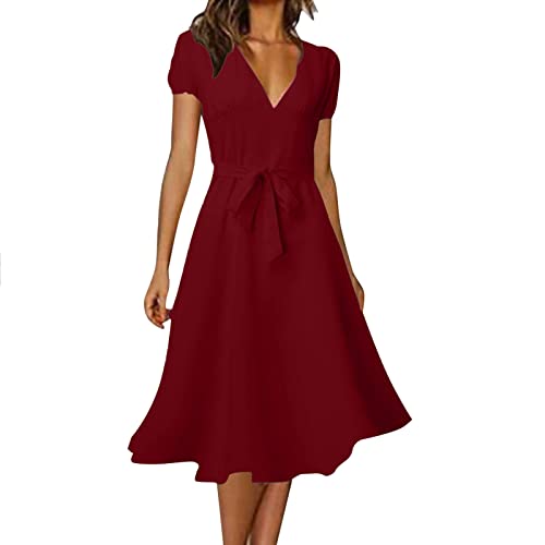 EMATOP Damen Boho Sommerkleider Lang Chiffon Kleider V-Ausschnitt Kurzarm Blumen Strandkleid Elegant High Waist Partykleid Einfarbig Lässig Midikleid Vintage A-Linie Kleid Knielang Freizeitkleid von EMATOP