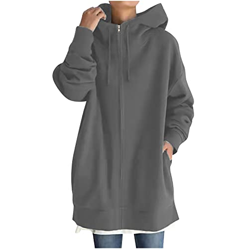 EMATOP Damen Hoodie Jacke Warm Langarm Mantel Herbst Winter Casual Übergangsjacke Lose Einfarbig Sweatshirt mit Kapuze Kapuzenjacke Elegant Lang Fleecejacke mit Taschen Kapuzenpullover Outwear von EMATOP