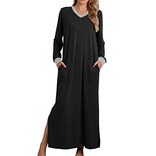 EMATOP Damen Nachthemd Langarm V-Ausschnitt Maxikleid Lässiges Einfarbig Schlafshirt Loose fit Lange Nachtkleid mit Taschen Nachtwäsche Kleider mit Schlitz Baumwolle Schlafkleid Nightdress EMATOP Damen Nachthemd Langarm V-Ausschnitt Maxikleid Lässiges Einfarbig Schlafshirt Loose fit Lange Nachtkleid mit Taschen Nachtwäsche Kleider mit Schlitz Baumwolle Schlafkleid Nightdress von EMATOP