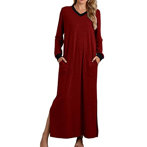 EMATOP Damen Nachthemd Langarm V-Ausschnitt Maxikleid Lässiges Einfarbig Schlafshirt Loose fit Lange Nachtkleid mit Taschen Nachtwäsche Kleider mit Schlitz Baumwolle Schlafkleid Nightdress EMATOP Damen Nachthemd Langarm V-Ausschnitt Maxikleid Lässiges Einfarbig Schlafshirt Loose fit Lange Nachtkleid mit Taschen Nachtwäsche Kleider mit Schlitz Baumwolle Schlafkleid Nightdress von EMATOP